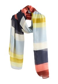 Bufanda multicolor con franjas horizontales en azul marino, azul claro, amarillo y coral. Hecha de tela ligera y texturizada con un diseño fluido.