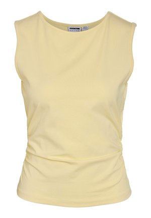 Débardeur ajusté sans manches jaune pâle avec encolure ronde et légère fronce latérale sur fond blanc.