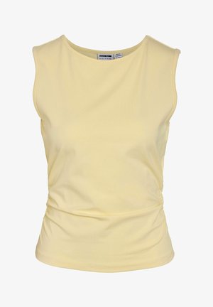 Débardeur ajusté sans manches jaune pâle avec encolure ronde et légère fronce latérale sur fond blanc.