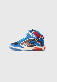 Hoogwaardige sneakers met een bovenwerk van blauw en zwart gaas, rode accenten en pixelachtige graphics. Bevat een band en een gevoerde zool.