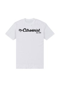 Bílý bavlněný tričko s textem "The Citroënist" v černém kurzívním písmu a "Est. 1919" níže. Klasický kulatý výstřih a krátké rukávy.