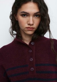 Bordo pleteni džemper s rebrastim ovratnikom, s četiri tamna gumba i mornarsko plavim horizontalnim prugama preko prsa. Glatka tekstura.