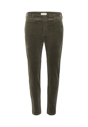 Olivgrüne Cordhosen mit schlanker Passform, geraden Beinen und klassischem Bund. Verfügt über Vordertaschen und subtile Textur.
