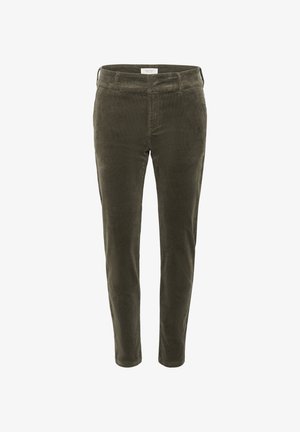 Olivengroene corduroybroek met een slim fit, rechte pijpen en een klassieke tailleband. Voorzien van zijzakken en een subtiele textuur.