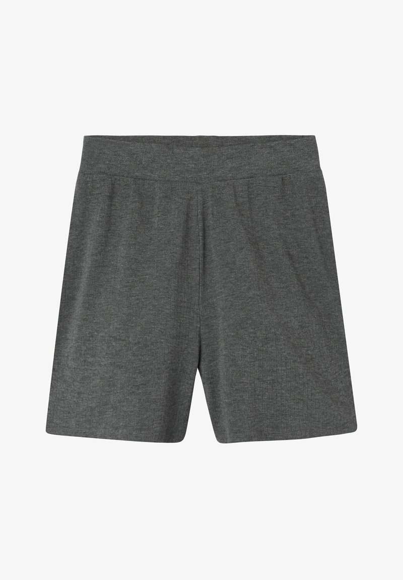 Pantaloni corti grigi in cotone con vita elasticizzata, caratterizzati da una texture liscia e da un design semplice e dritto senza tasche.