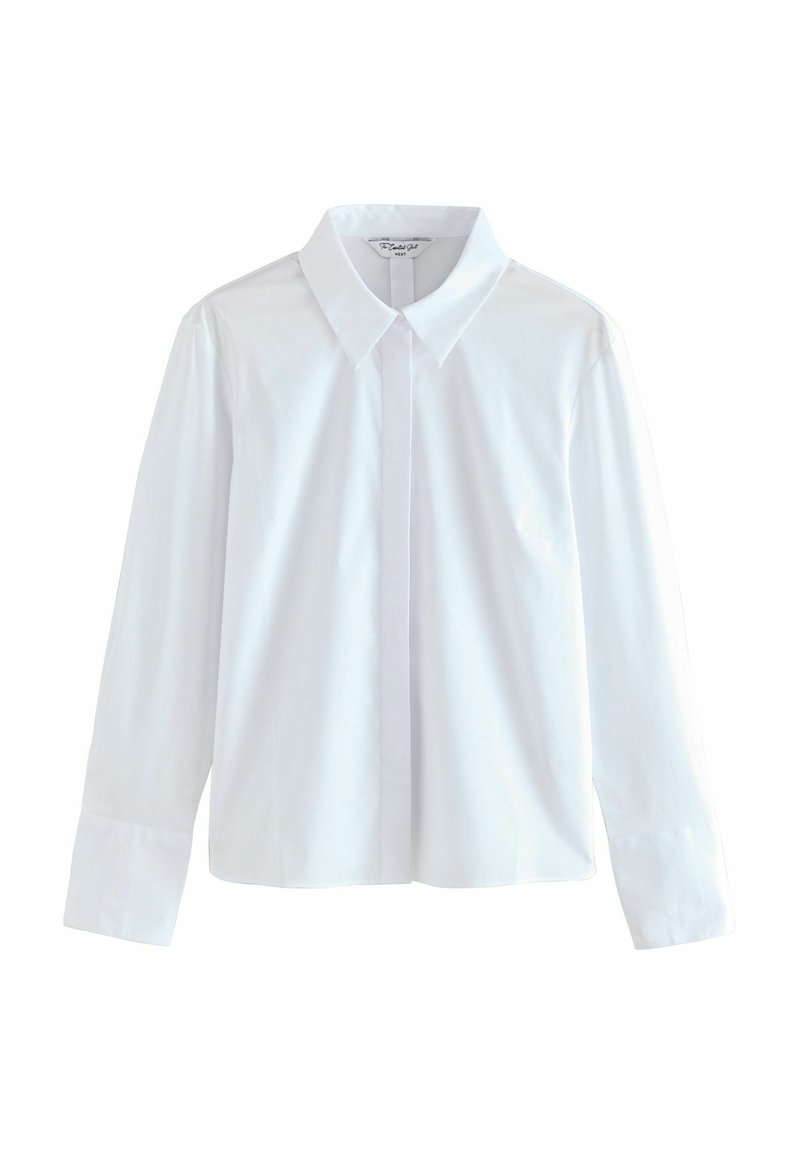 Witte langslieve shirt met een klassieke kraag, met knoopsluiting aan de voorkant en één borstzak. Gemaakt van een gladde katoenen stof.