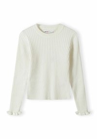 Weißer, gerippter Pullover mit langen Ärmeln, Rundhalsausschnitt und Rüschensäumen. Aus weichem Stoff gefertigt und mit einem strukturierten, vertikalen Muster versehen.