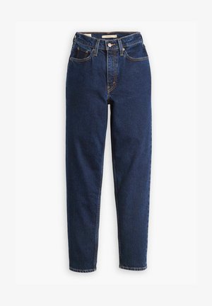 Jeans in denim blu scuro con vita alta, design a cinque tasche e gamba dritta. Cuciture a contrasto e chiusura con bottone.