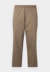 Herren gerade geschnittene khakifarbene Hose mit elastischem Bund und Reißverschluss, aus glattem Stoff.