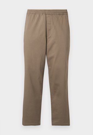 Men’s straight-leg khaki trousers with elastic waistband and front fly, made of smooth fabric.