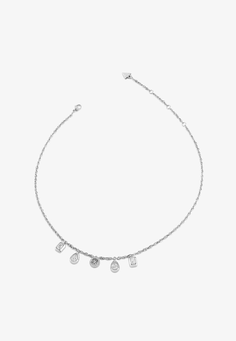 Zilveren ketting met een delicate schakel, voorzien van vijf verschillende bedels: twee druppelvormige, twee rechthoekige en één ronde bedel met een patroon.