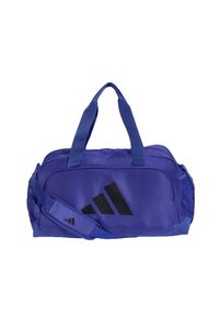 Μπλε αθλητική σακούλα Adidas με μαύρο λογότυπο, διπλές λαβές, ρυθμιζόμενο ιμάντα ώμου και τσέπες με φερμουάρ.