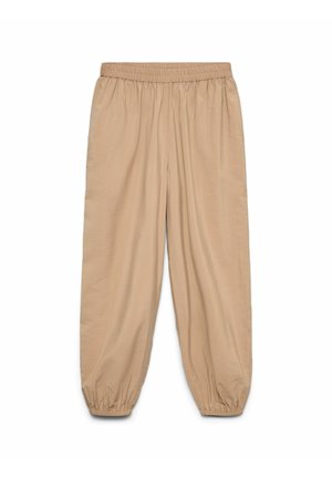 Pantalon beige coupe ample avec taille élastique et poignets élastiques froncés, présenté à plat sur fond blanc.