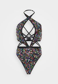 Zwarte sequined bikini met veelkleurige sequins, halternekontwerp, kruislings straps en uitsnijdingen aan de zijkanten. Glanzende textuur en aansluitende vorm.