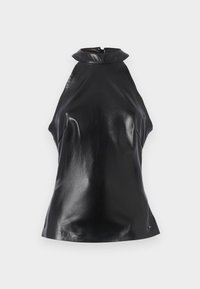 Top nero senza maniche in pelle lucida, con colletto alto, texture liscia e design minimalista caratterizzato da sottili spacchi laterali.