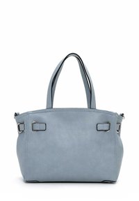 Světle modrá kožená kabelka s dvojitými rukojetěmi a detaily z stříbrného kovu na bílém pozadí.