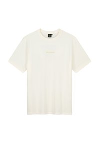 Crème katoenen t-shirt met een klassieke ronde hals. Kenmerkend is het centrale logo in gouden letters. Korte mouwen en een rechte zoom.