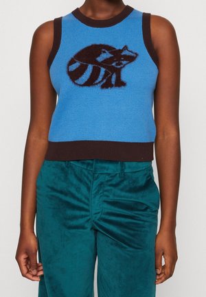 Haut en maille bleu sans manches avec bordure foncée et un motif raton laveur noir, porté avec un pantalon en velours turquoise.