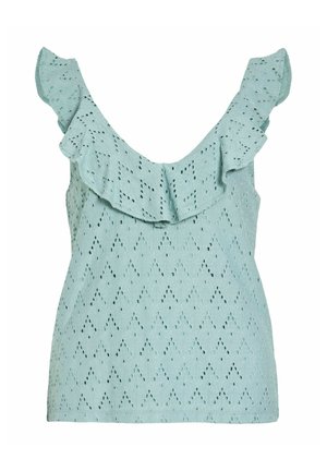 Hellblaues ärmelloses Top mit Lochstickerei, Rüschensaum am Ausschnitt und diamantförmigem Cutout-Muster.