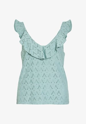 Hellblaues ärmelloses Top mit Lochstickerei, Rüschensaum am Ausschnitt und diamantförmigem Cutout-Muster.