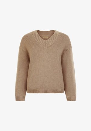 Beżowy dziergany sweter z dekoltem w serek, długimi rękawami, ścięgnami przy mankietach, dolnym brzegu i dekolcie, pokazany na białym tle.