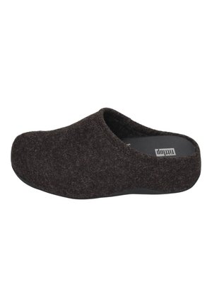 Brown felt clog with an open back design, rounded toe, textured surface, and black rubber sole. Simple and functional footwear.
