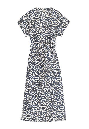 Patterned midi dress in cream with blue abstract design, short sleeves, wrap-style bodice, and self-tie belt at waist. Soft fabric texture.