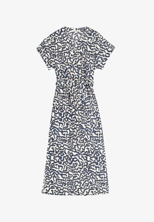 Midi-jurk met patroon in roomkleur met blauw abstract ontwerp, korte mouwen, overslagstijl lijfje en zelfbindende ceintuur in de taille. Zachte stoftextuur.