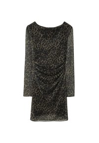 Abito con stampa leopardata realizzato in tessuto trasparente, caratterizzato da una silhouette rilassata, maniche lunghe e dettagli arricciati lungo la parte anteriore e i lati.