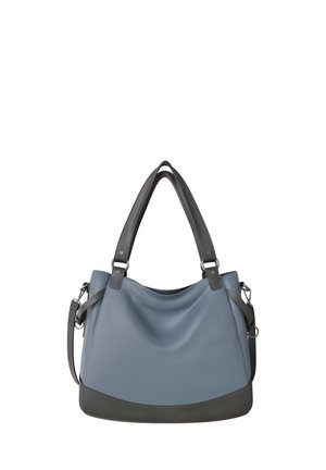 Blue and black leather handbag with dual shoulder straps and adjustable side strap, structured bottom, and soft slouchy body.