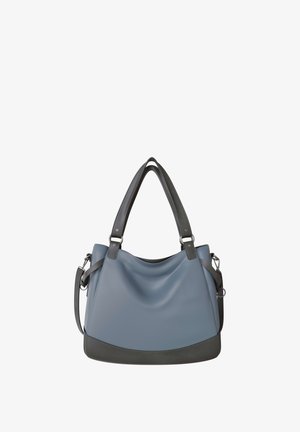 Blue and black leather handbag with dual shoulder straps and adjustable side strap, structured bottom, and soft slouchy body.