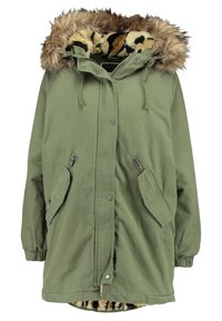 Olive green parka jacket with a fur-lined hood and leopard-patterned interior. Features two front pockets and drawstring adjustments.