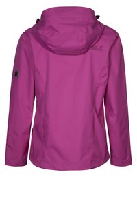 Lila vattentålig jacka med huva, lång ärm, slät yta och en logotyp på den övre vänstra delen av ryggen. Mönstrad detaljering på ärmarna.