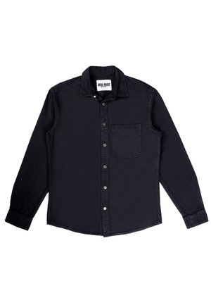 Black button-up shirt made of soft fabric, featuring long sleeves, a chest pocket, and metal snap buttons along the front.