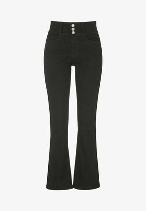 Svarta utsvängda jeans med hög midja, tre metallknappar framtill och klassisk femfickdesign. Slät denimtextur.