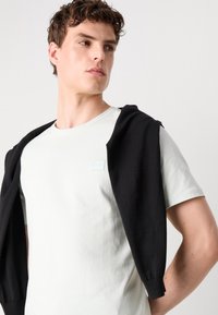 T-shirt de algodão verde-claro com um pequeno logótipo e um suéter de malha preta pousado sobre os ombros, com mangas longas e punhos canelados.