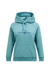 Teal hoodie met trekkoorden, voorzak, raglanmouwen en geborduurd "Peak Performance" logo. Zacht materiaal met een gladde textuur.