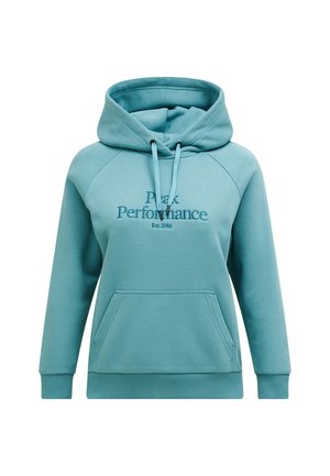 Teal hoodie met trekkoorden, voorzak, raglanmouwen en geborduurd "Peak Performance" logo. Zacht materiaal met een gladde textuur.