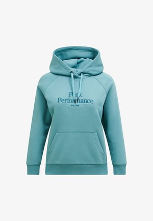 Türkiser Hoodie mit Kordelzügen, einer frontalen Taschen, Raglanärmeln und gesticktem "Peak Performance"-Logo. Weiches Material mit glatter Textur.