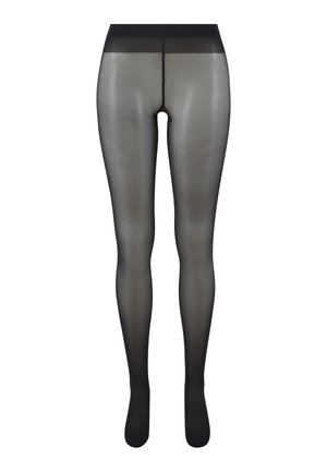 Zwarte doorschijnende panty's getoond van voren, met nadruk op de tailleband, benen en voeten met een gladde, doorzichtige textuur.