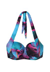 Bikini top s vystuženými košíčkami v živých tropických farbách modrej, ružovej a čiernej. Obsahuje viazanie za krkom a má štruktúrovaný tvar.