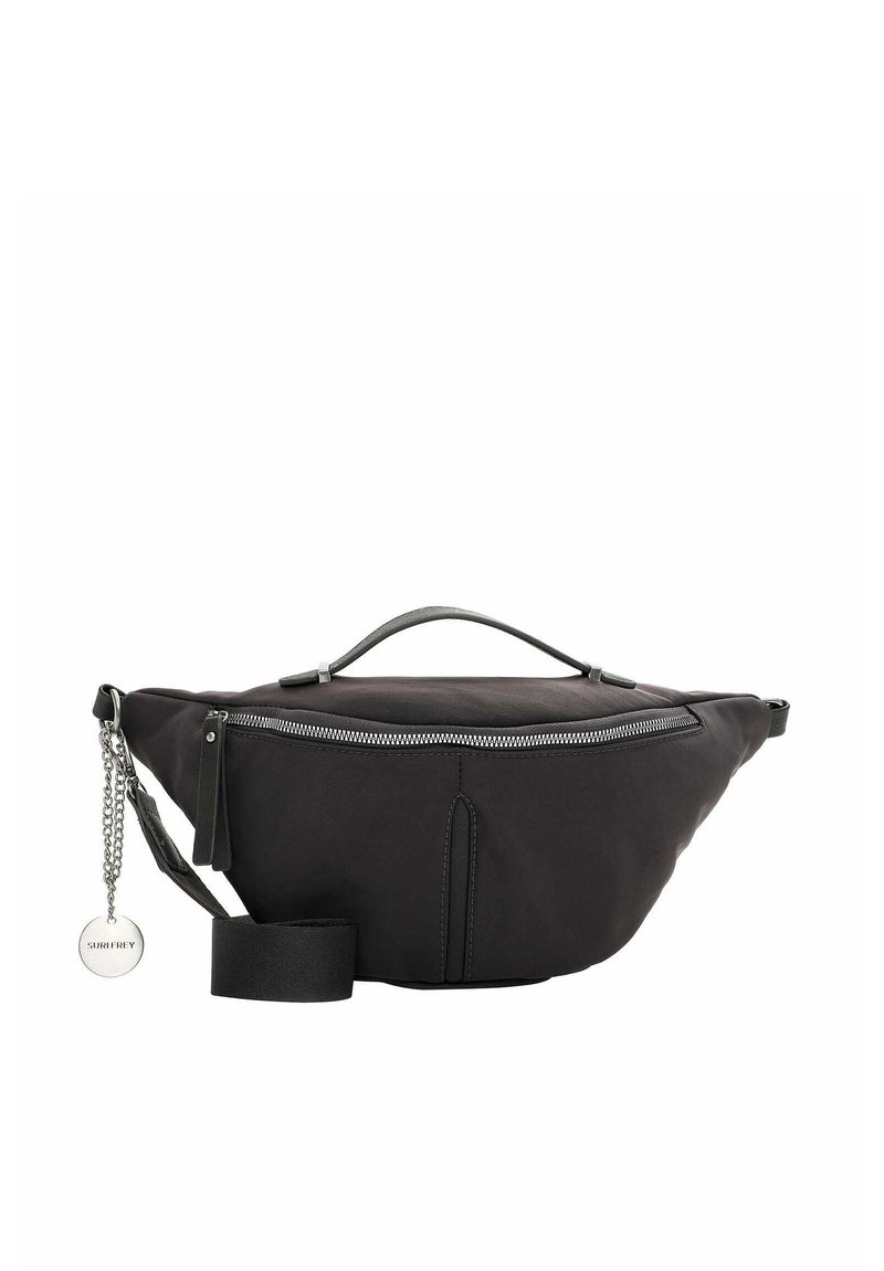 Borsa a cintura nera in tessuto con chiusura zip, silhouette slim, dettaglio della catena laterale e tracolla regolabile. Presenta una maniglia superiore e cuciture sottili.