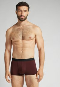 Pánské bordó boxerky s černým elastickým pasem. Materiál vypadá hladce s přiléhavým designem, který zvýrazňuje tvar těla.