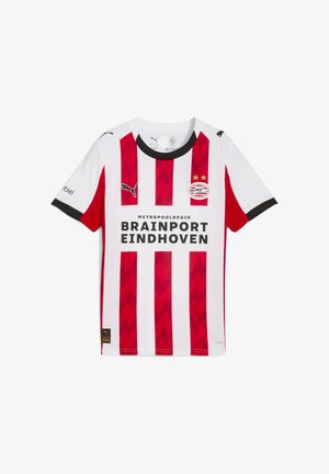 White football jersey with red vertical stripes, black Puma logos, PSV Eindhoven crest with two stars, and "Brainport Eindhoven" sponsor text.