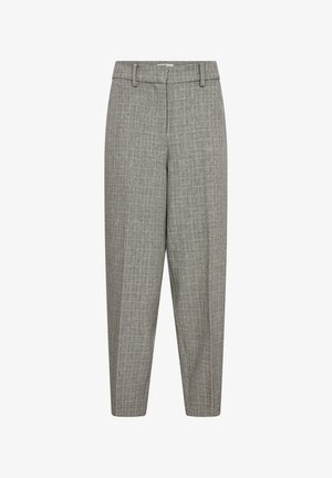Gray patterned trousers with a tapered leg, flat front, belt loops, and a smooth texture. No visible pockets or hardware details.