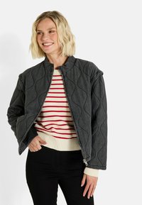 Veste grise matelassée avec un col arrondi, dotée d'une fermeture éclair et de poches latérales, portée sur un pull rayé crème et rouge.