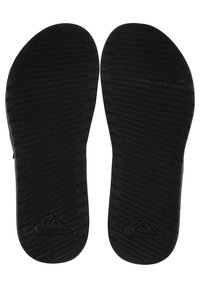 Black rubber sandal sole with textured surface. Features horizontal and vertical grooves for grip, and a logo on the heel area.