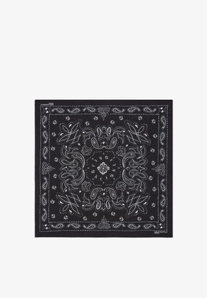 Black bandana featuring intricate white paisley and floral patterns with dot accents, made from lightweight fabric, square shape.