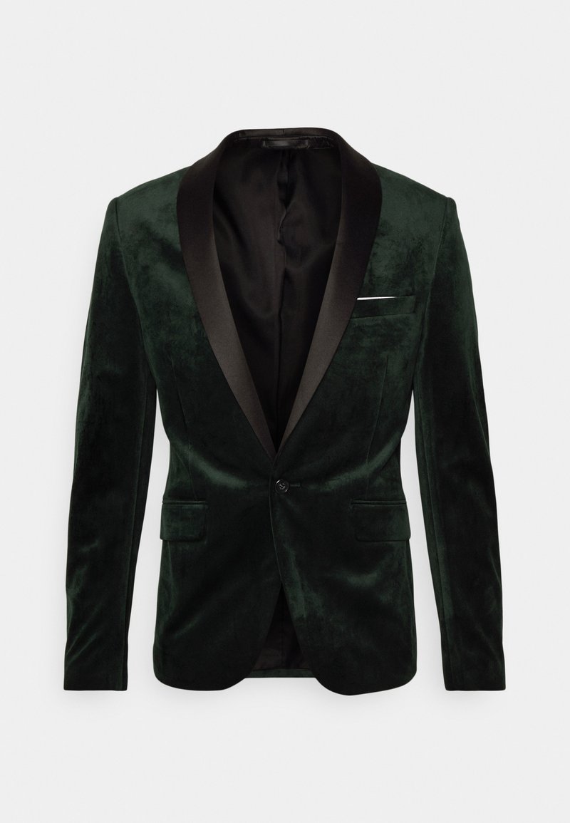 Blazer in velluto verde scuro con colletto sciallato in satin nero, chiusura a un bottone, tasche a patta e fodera interna liscia.