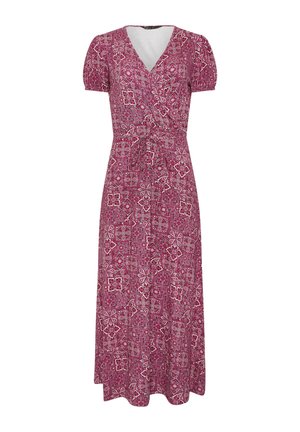 Czerwona sukienka kopertowa z krótkimi bufkami, wzór kwiatowy i geometryczny, wiązana w talii, z dekoltem w serek, długość od kolan do kostek.